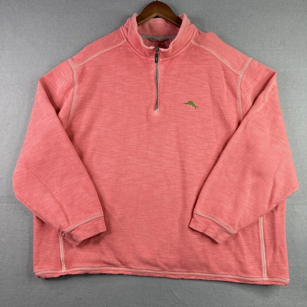Tommy Bahama Quarter Zip Sweatshirt Men’s 2XLB Pink Pullover Pima Cotton Beach